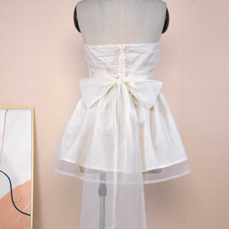 Strapless Shimmer Bow-Back Mini Dress - white