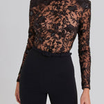 Black See-through Lace Long-sleeved Trousers Jumpsuit