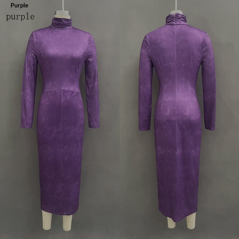 High Neck Long Sleeve Midi Dress - purple