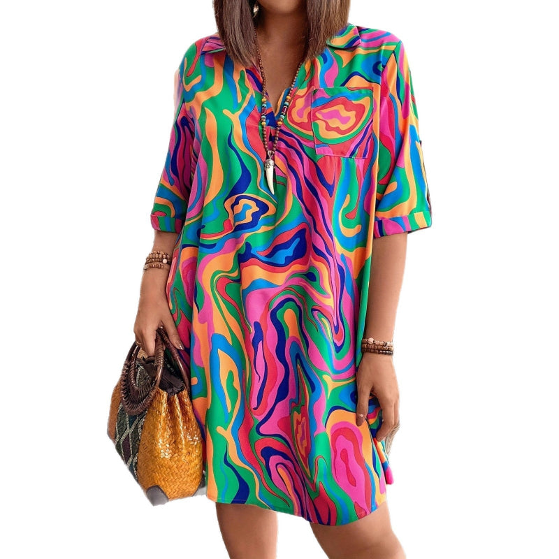 Abstract Swirl Print Camp-Collar Shift Dress - red