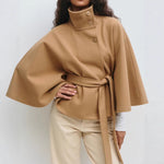 High Neck Batwing Sleeve Coat With Belt - brown
