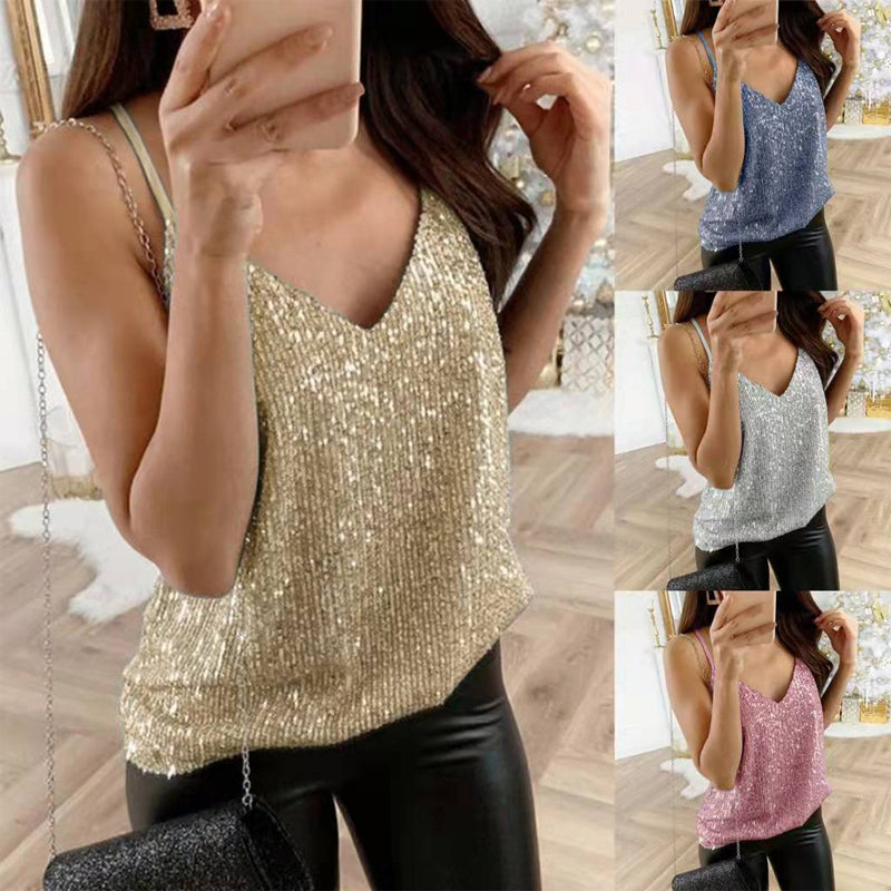 Woman wearing a gold sequin top and black pants, surrounded by similar outfits in different colors.