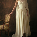 Cream Satin V-Neck Fitted Bodice Full A-Line Gown with Sheer Scarf