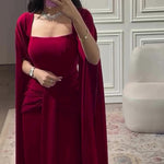 Elegant Burgundy Square - Neck CapeMaxi Dress
