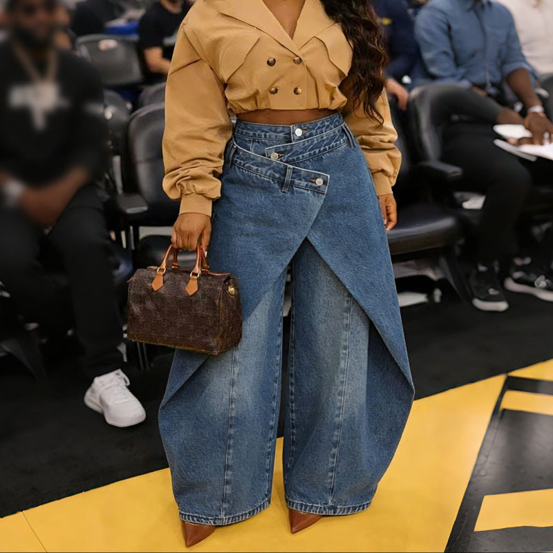 Retro High-waisted Cross-over Metal Buckle Irregular Wide-leg Pants - blue