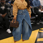 Retro High-waisted Cross-over Metal Buckle Irregular Wide-leg Pants - blue