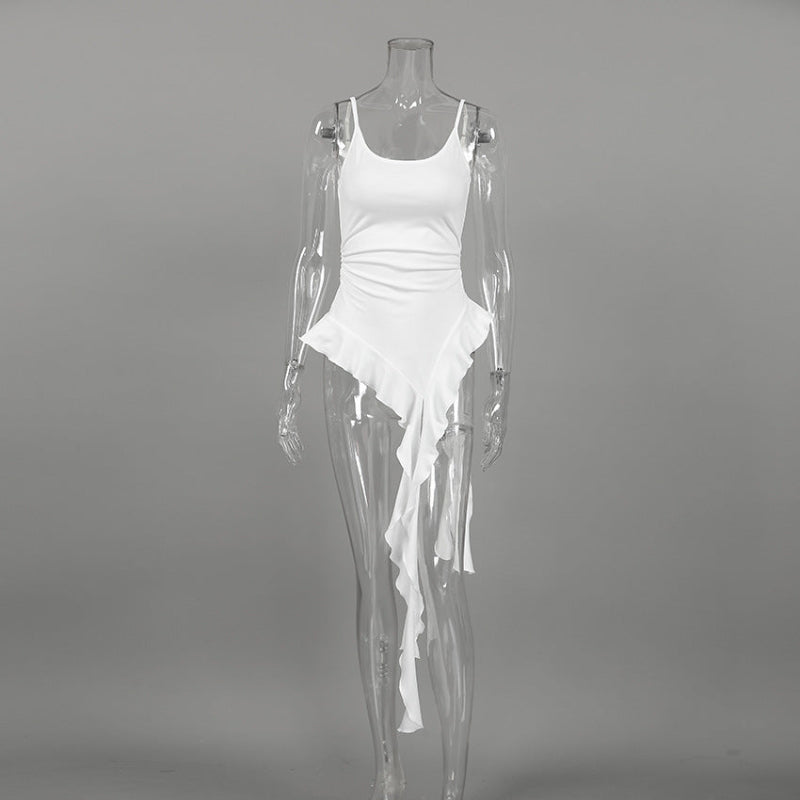 White Fitted Scoop-Neck Spaghetti-Strap Asymmetric Cascade-Ruffle Hem Top