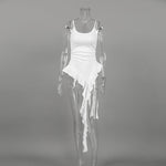 White Fitted Scoop-Neck Spaghetti-Strap Asymmetric Cascade-Ruffle Hem Top