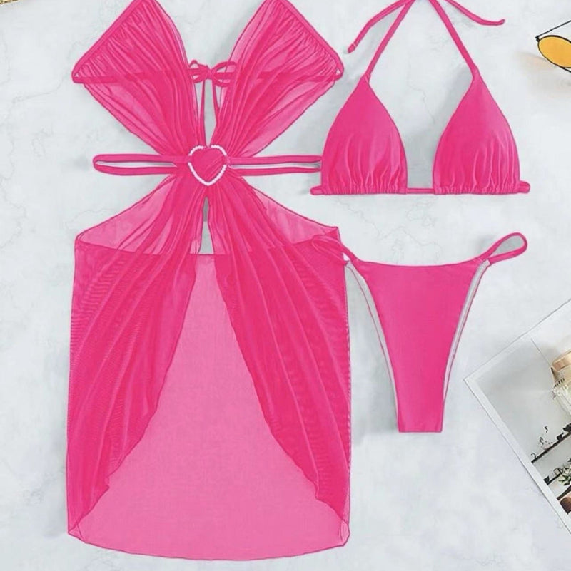 Rhinestone Heart Hardware Halter Bikini Set with Mesh Skirt — 3 Piece - pink