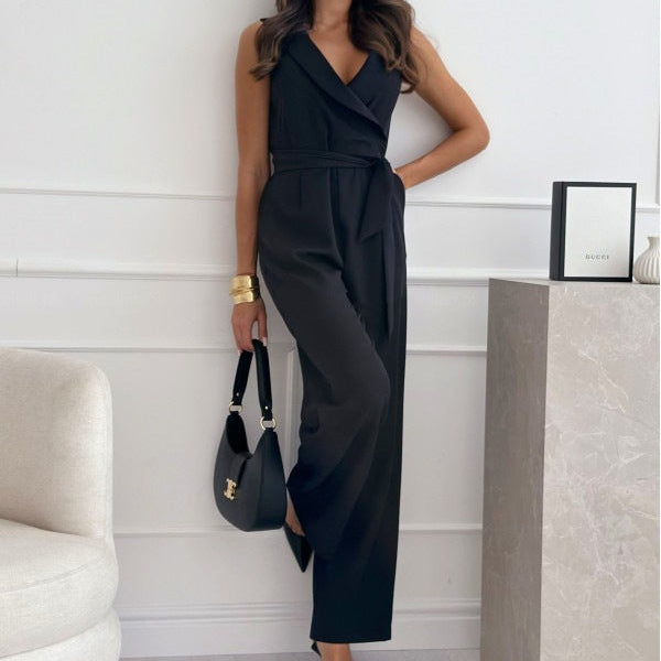 V-neck Sleeveless Jumpsuit With Belt - black