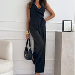 V-neck Sleeveless Jumpsuit With Belt - black