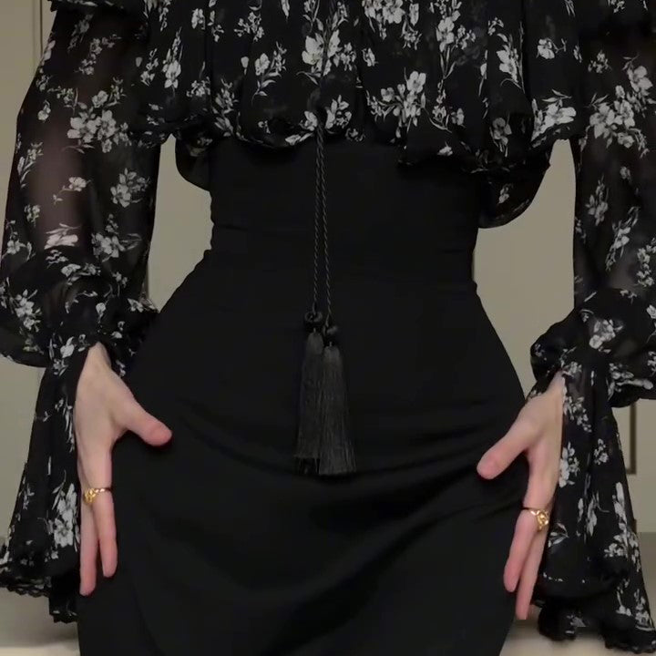 Black Floral Chiffon Overlay & Bodycon Midi Skirt 2-Piece Set With Tassel Belt