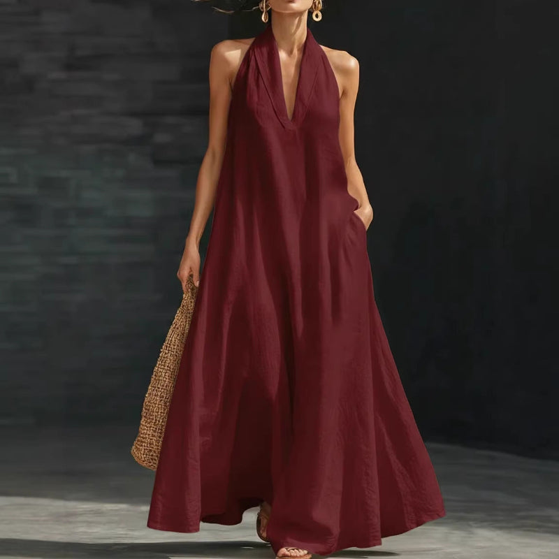 V-neck A-line Maxi Dress - maroon
