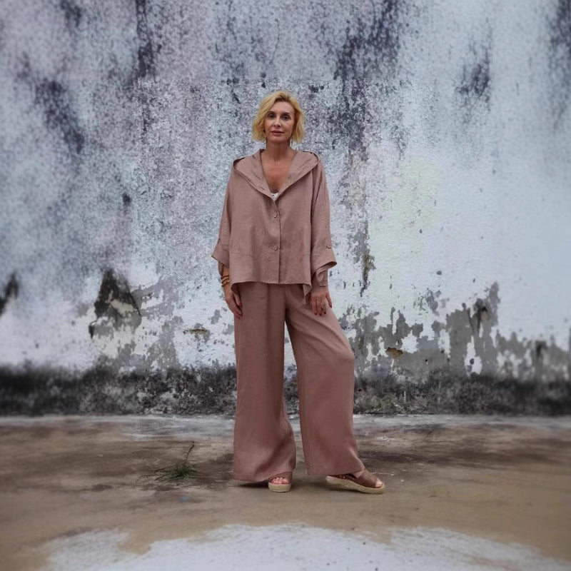 Chic Ladies Linen Hooded Casual Suit - pink