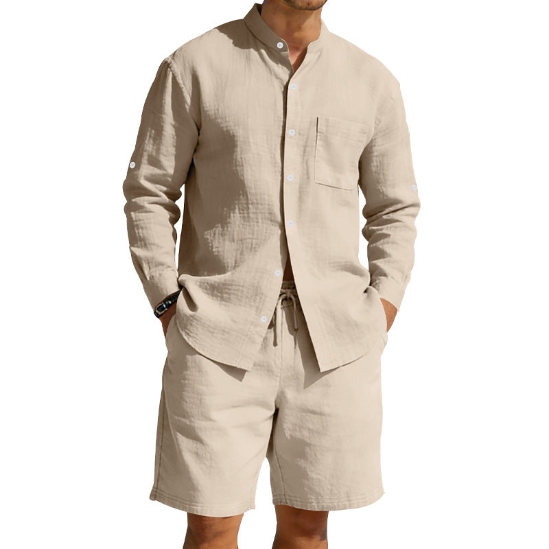 Casual Linen Shirt And Shorts Set - khaki