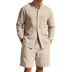 Casual Linen Shirt And Shorts Set - khaki