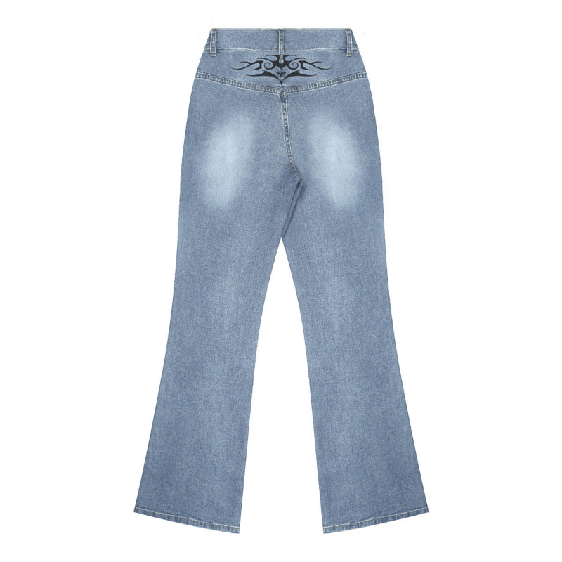 Tribal-Print Yoke High-Rise High-Stretch Flared Floor-Length Denim Jeans — 4 Colours, S–2XL