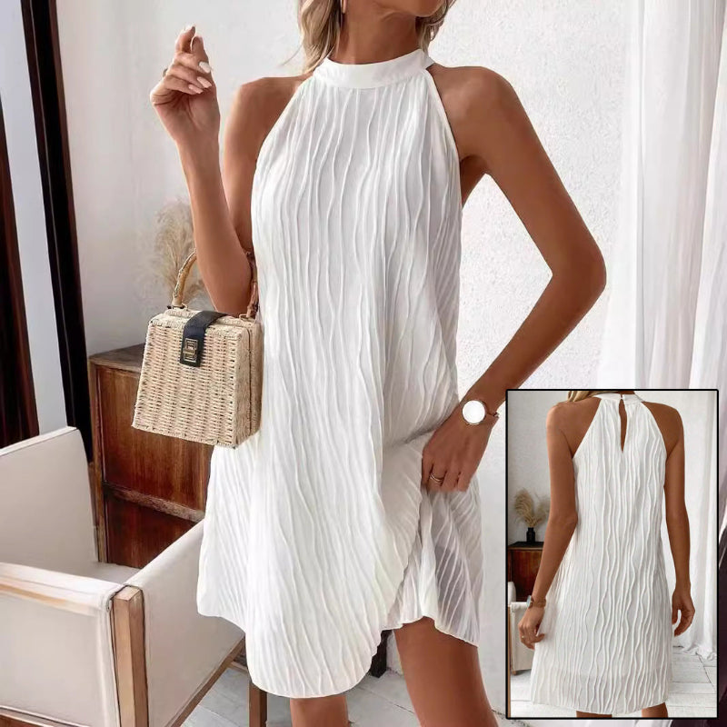 Textured Wave Halter Open-Back Trapeze Dress