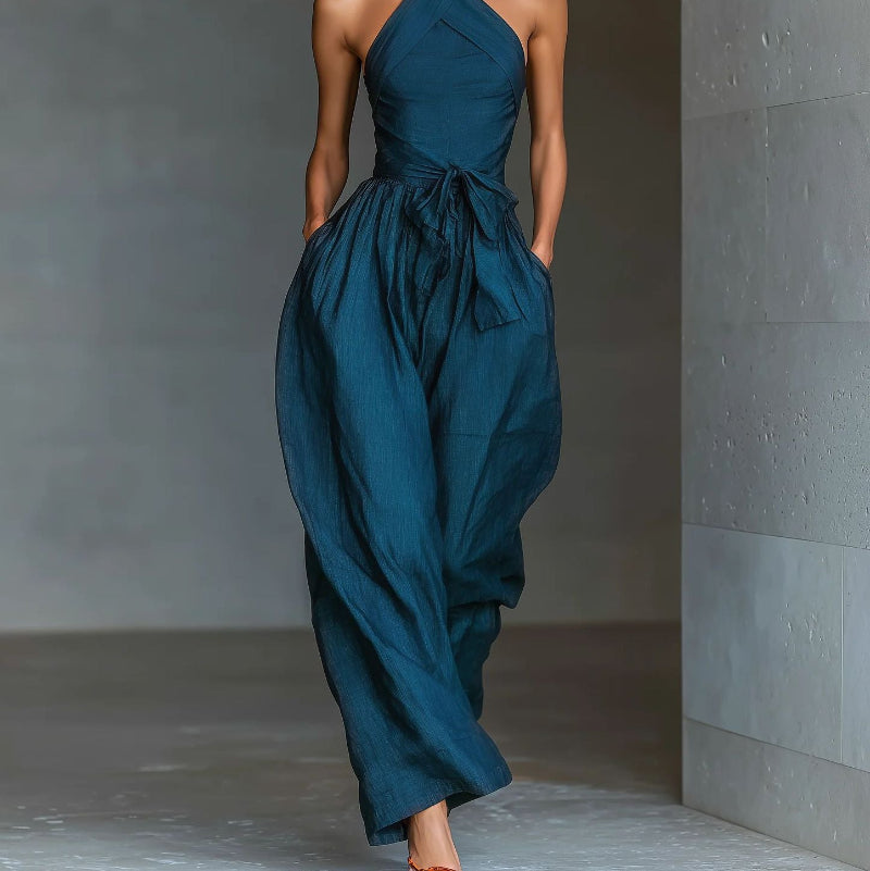 Linen Cross-Strap Wide-Leg Jumpsuit - blue