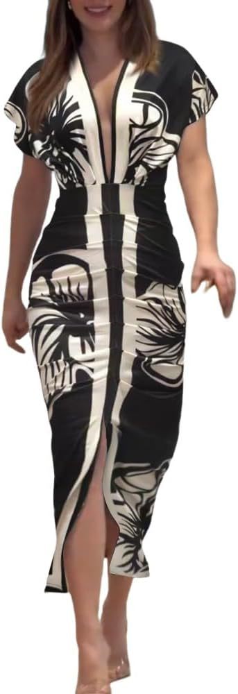 Black and white patterned dress worn by a model on a white background