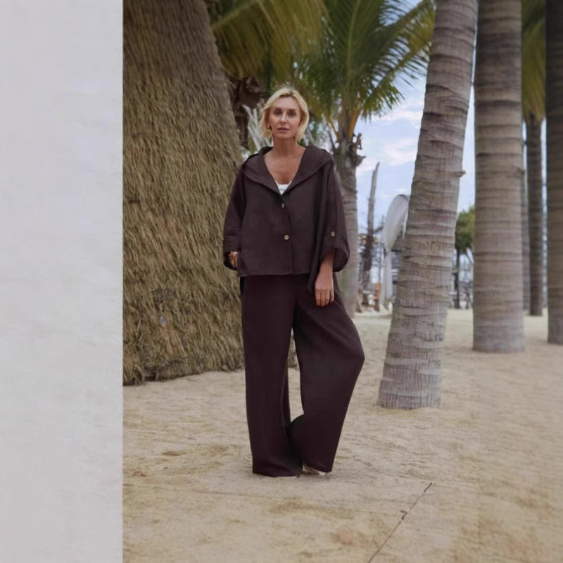 Chic Ladies Linen Hooded Casual Suit - Brown