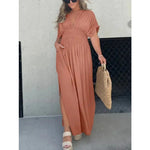 Short Sleeve Elastic Waist Maxi Dresses - Caramel