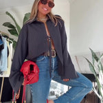 Charcoal Pinstripe Oversized Cropped Blazer-Style Lace-Front Wide-Sleeve Irregular Hem Top