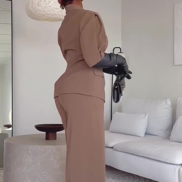Brown Short-sleeved Blazer & High-waisted Pants Suit