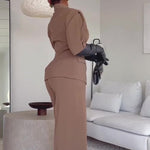 Brown Short-sleeved Blazer & High-waisted Pants Suit