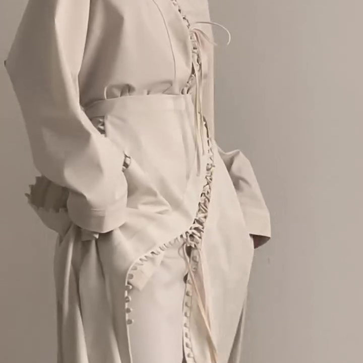 Cream Lace-Up Detail Top And Asymmetric Maxi Skirt Set