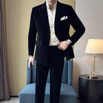 Peak Lapel Double-breasted Velvet Two-piece Suit - black