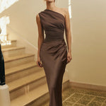 Brown One Shoulder Paneled Satin Maxi Dress