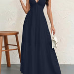 Backless Halterneck V-Neck Pleated A- Line Midi Dress - navy blue