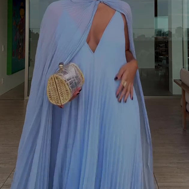 Light Blue Pleated Maxi Dress & Cape Two-piece Set