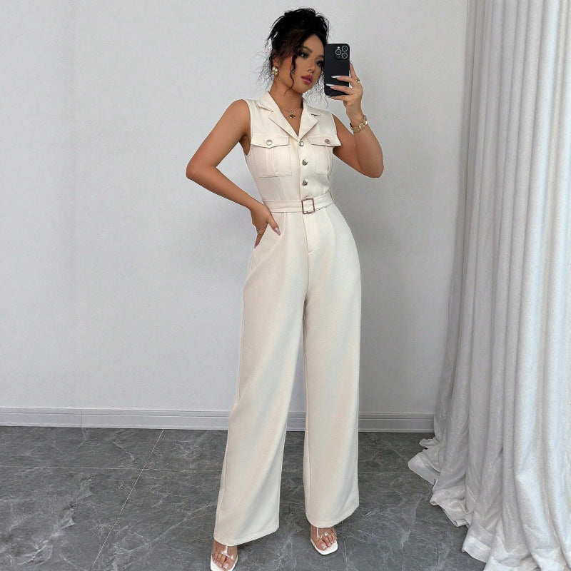 Tailored Notch-Lapel Button-Front Patch-Pocket Belted Wide-Leg Sleeveless Jumpsuit - beige