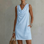 Draped Neck Sleeveless Vacation Mini Dress - light blue