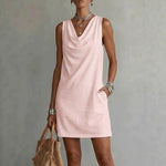 Draped Neck Sleeveless Vacation Mini Dress - pink
