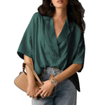 Casual Loose Short Sleeve Lapel Tops - green