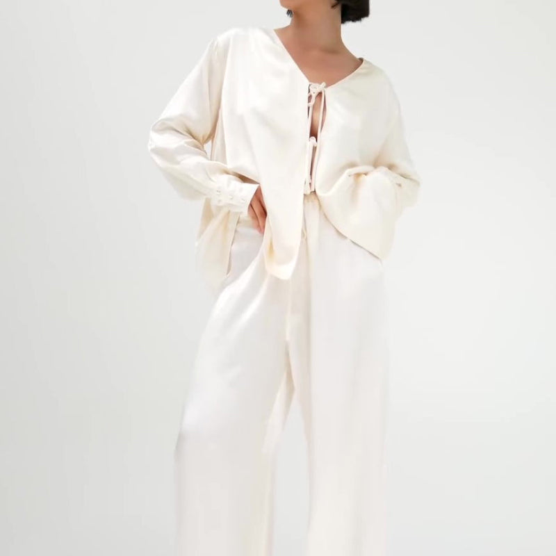 Cream Satin Tie-Front Top And Wide-Leg Pants Set