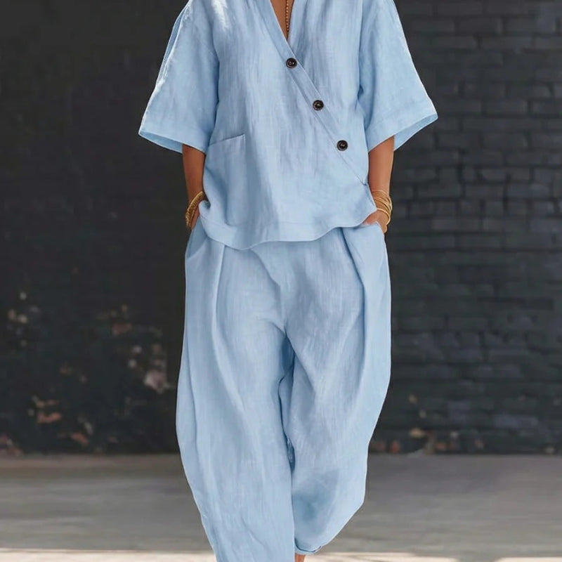 Loose-fit V-neck Top And High-waist Trousers - light blue