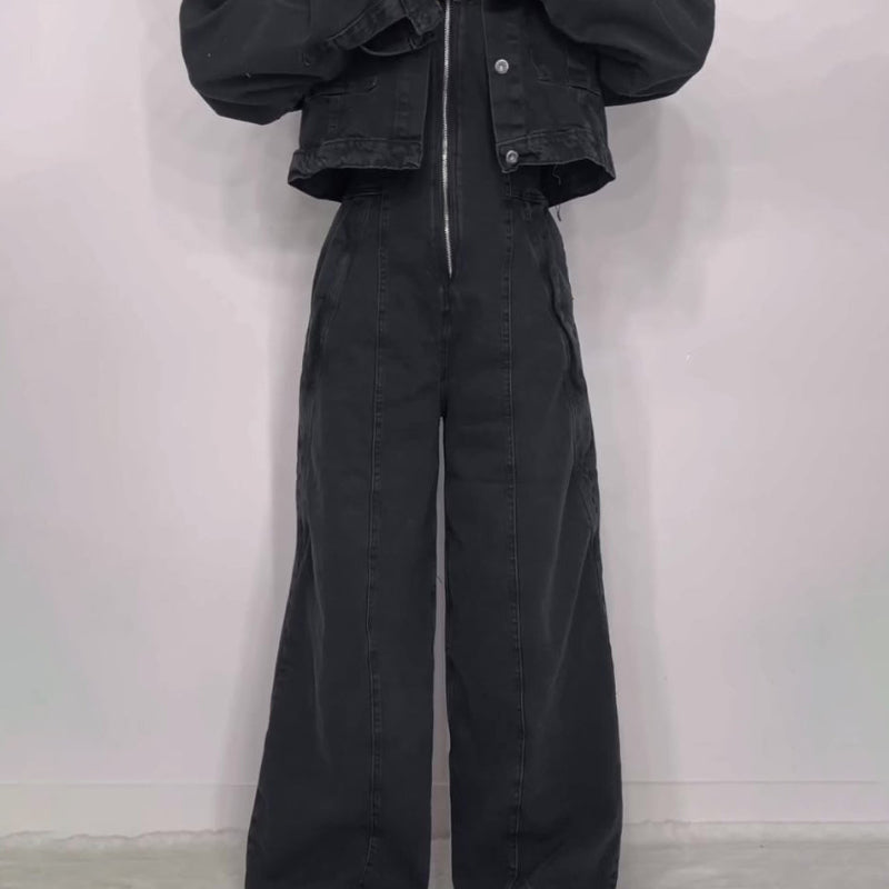 Denim Bandeau Zipper Jumpsuit & Jacket Set