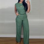 Round Neck Vest Top And Pocket Straight Pants Set - green