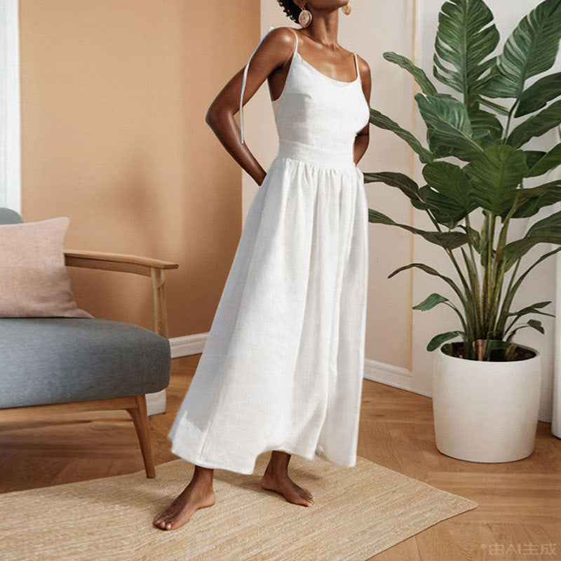 V-neck Suspender Split Midi Dress - white