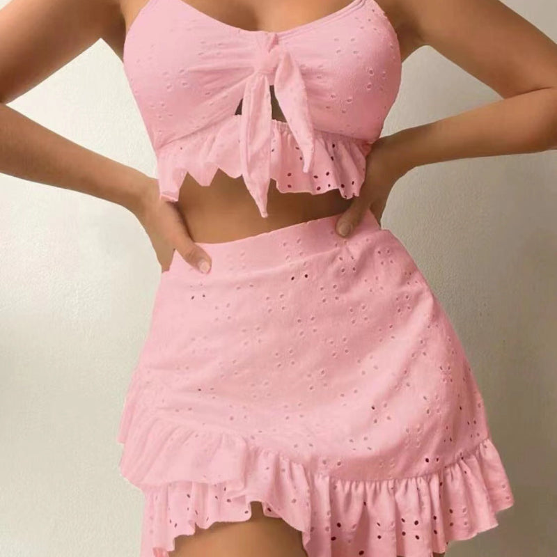 Broderie Anglaise Tie-Front Crop Top, Bikini Bottom & Ruffle Mini Skirt 3-Piece Beach Set - pink