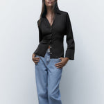 Black Satin-Finish Gold-Button Fitted Long-Sleeve Shirt