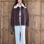 Brown Oversized Coat With White Faux Fur Collar