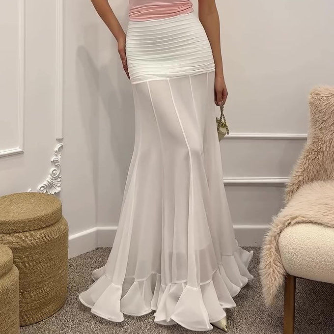 Ruffled Pleated Maxi Skirt - white