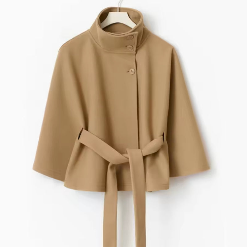High Neck Batwing Sleeve Coat With Belt - brown