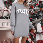Merry Christmas Lantern Sleeve Knit Mini Dress - grey