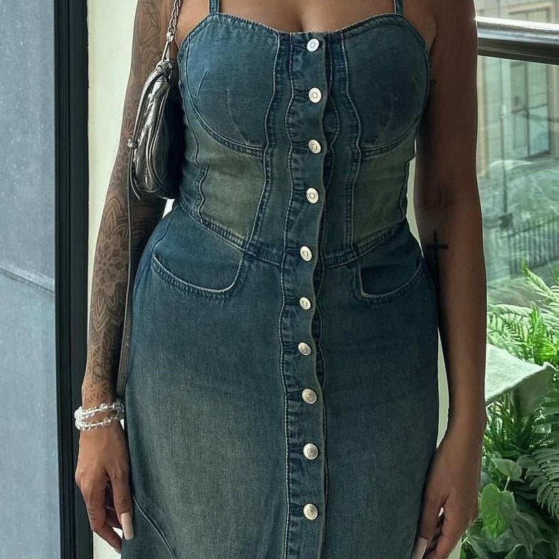 Denim Single-breasted Suspender Maxi Dress